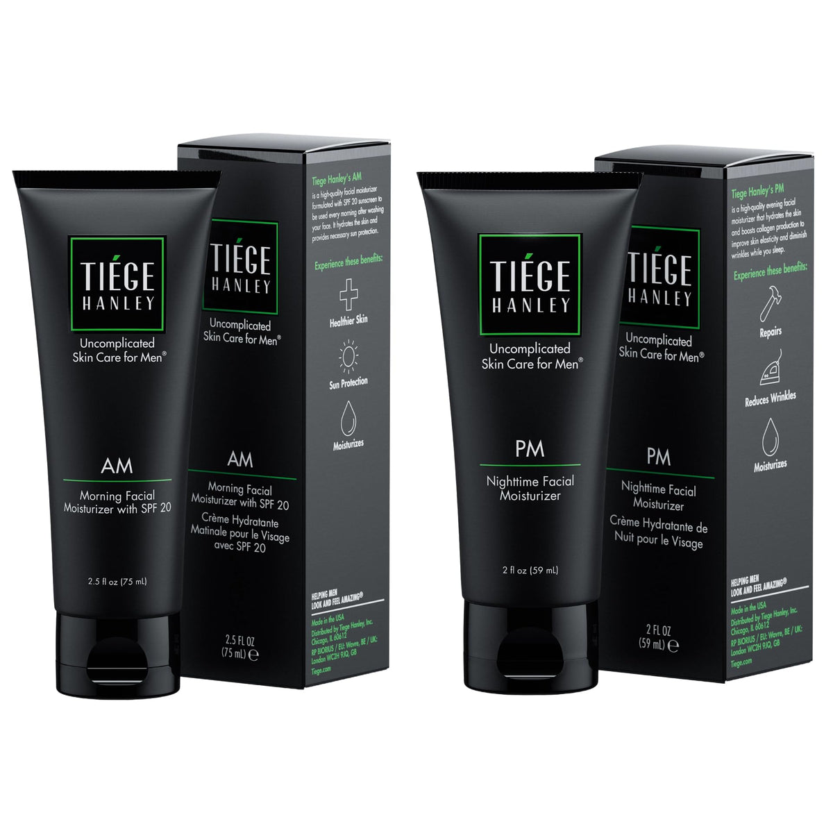 Tiege Hanley front packaging showing AM and PM moisturizers, convenient daily kit