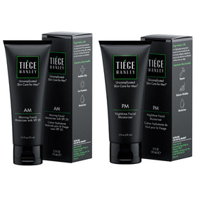 Tiege Hanley front packaging showing AM and PM moisturizers, convenient daily kit