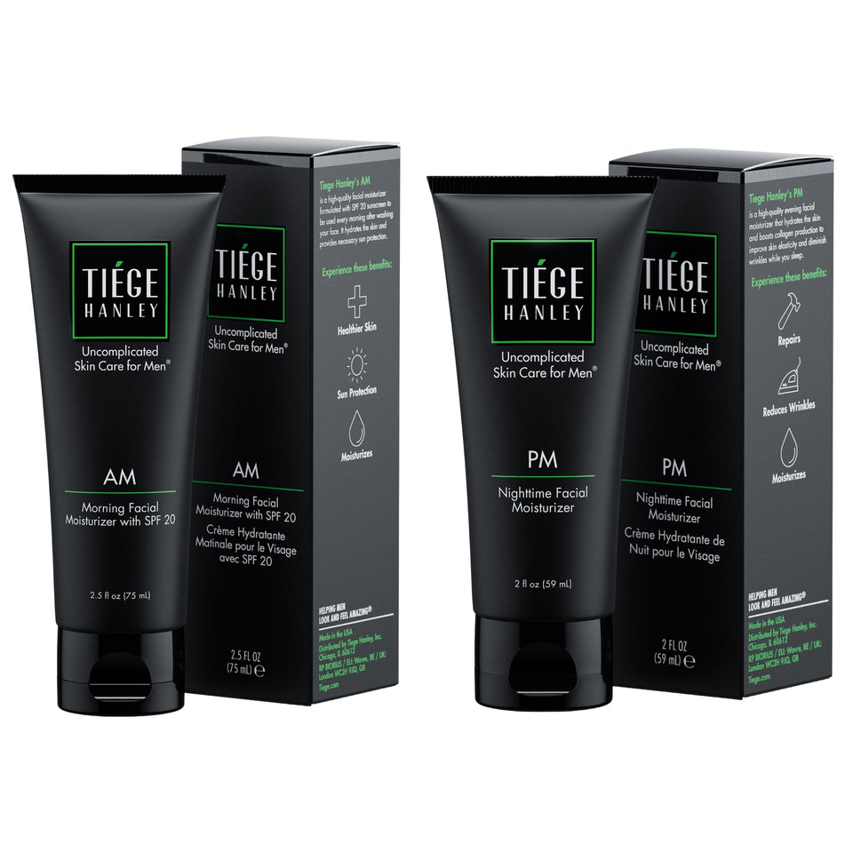 Tiege Hanley front packaging showing AM and PM moisturizers, convenient daily kit