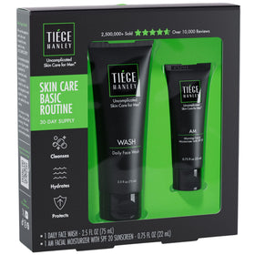 Tiege Hanley front packaging showing both products and routine benefits