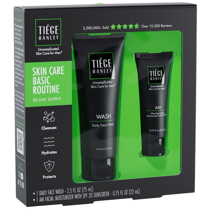 Tiege Hanley front packaging showing both products and routine benefits