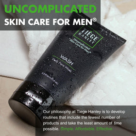 Tiege Hanley on bathroom shelf staged in routine for simple grooming setup