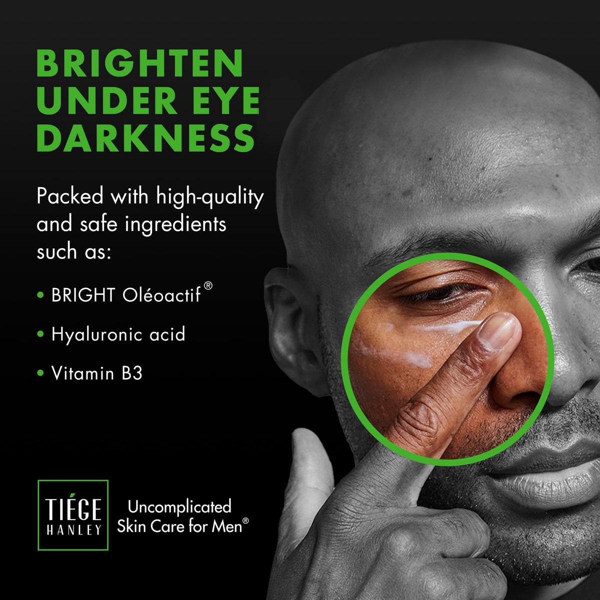 Tiege Hanley application demo patting under eye to show gentle quick-absorbing benefit
