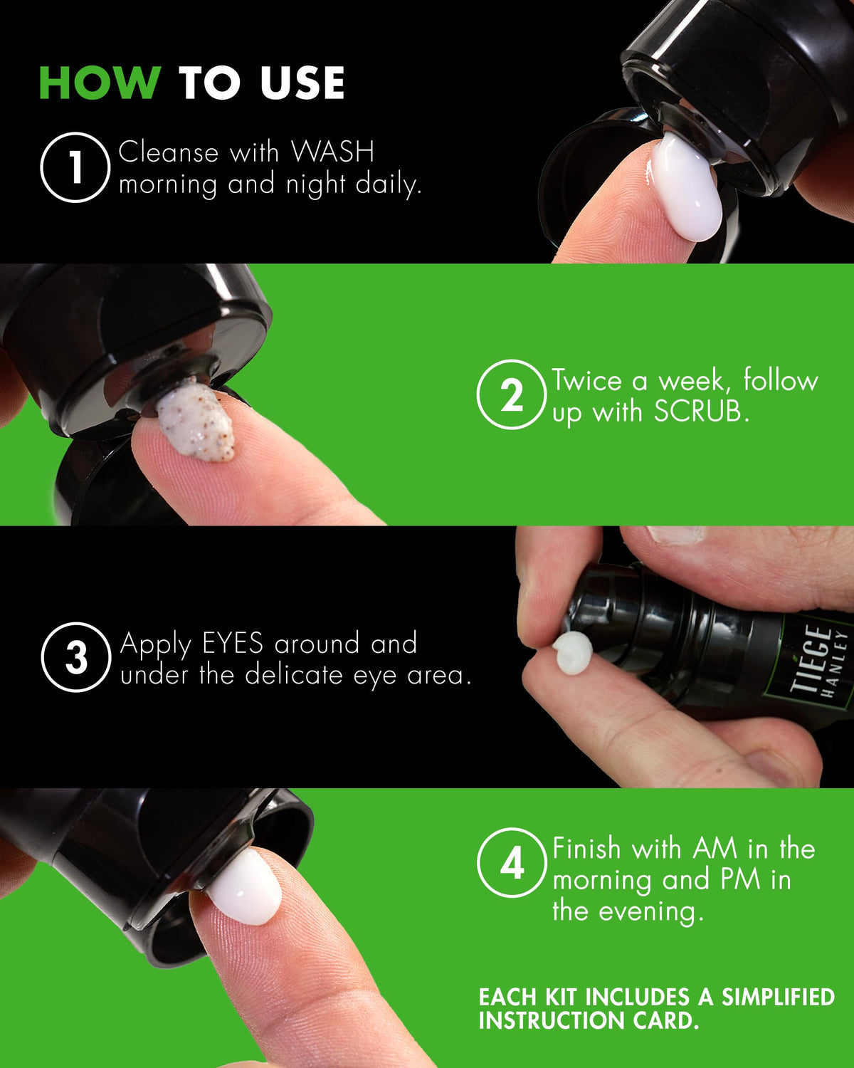 Tiege Hanley eye cream on fingertip illustrating precise under-eye application