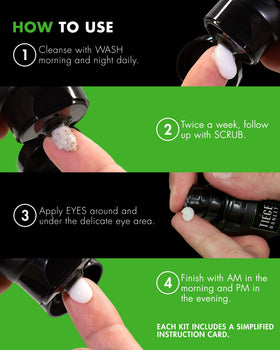 Tiege Hanley eye cream on fingertip illustrating precise under-eye application