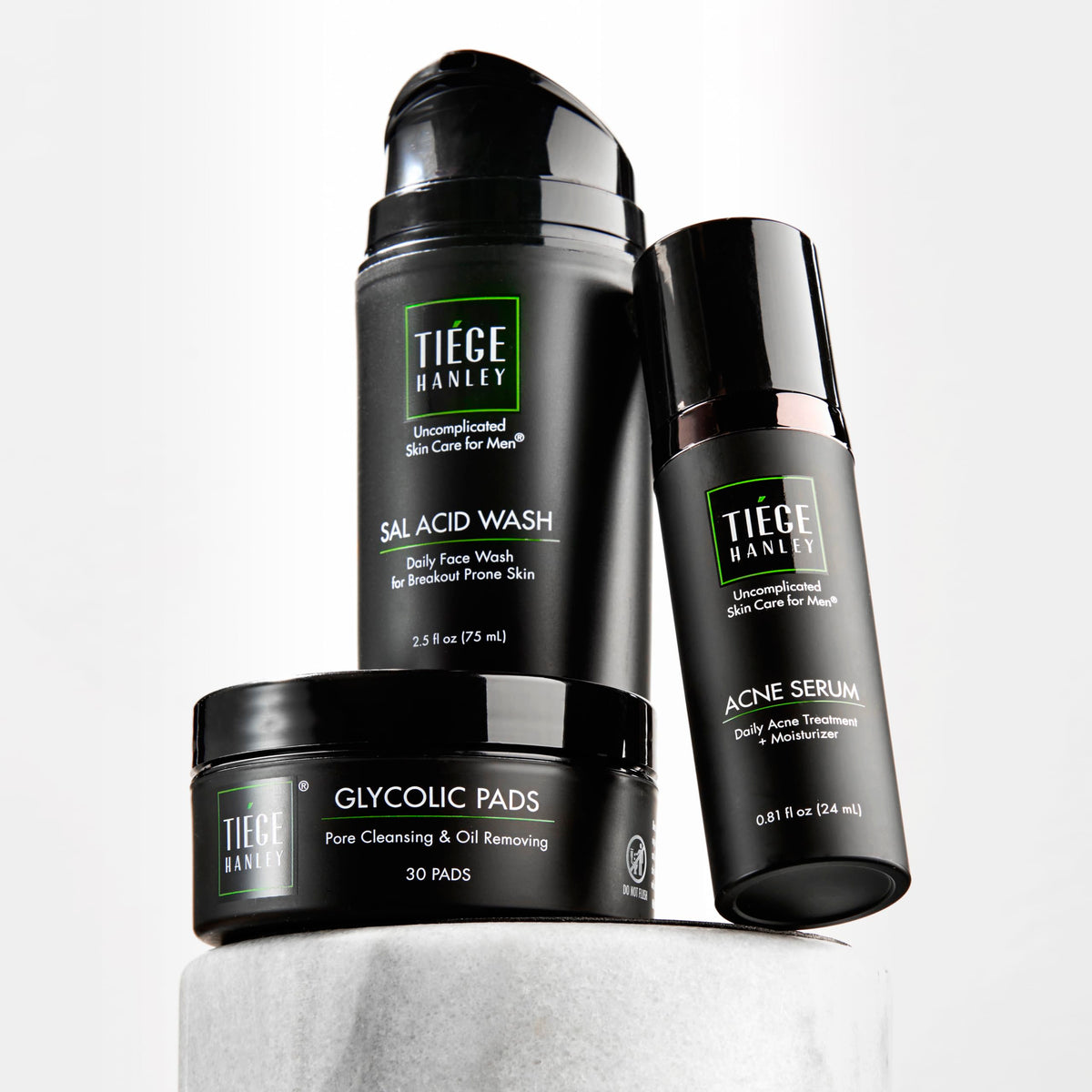 Tiege Hanley front packaging of acne treatment kit showcasing contents and convenience