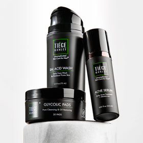 Tiege Hanley front packaging of acne treatment kit showcasing contents and convenience