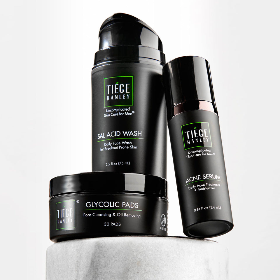 Tiege Hanley front packaging of acne treatment kit showcasing contents and convenience
