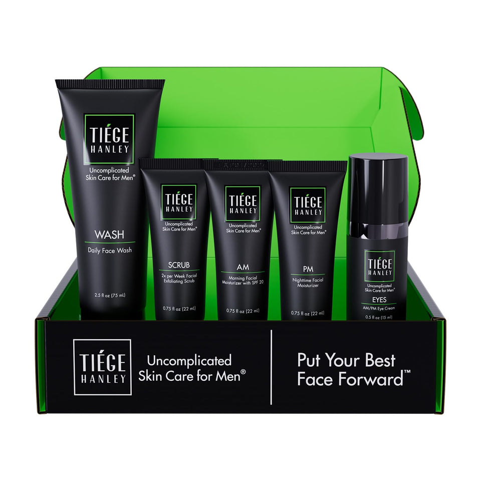 Tiege Hanley front packaging showing the full five-piece kit for easy routine