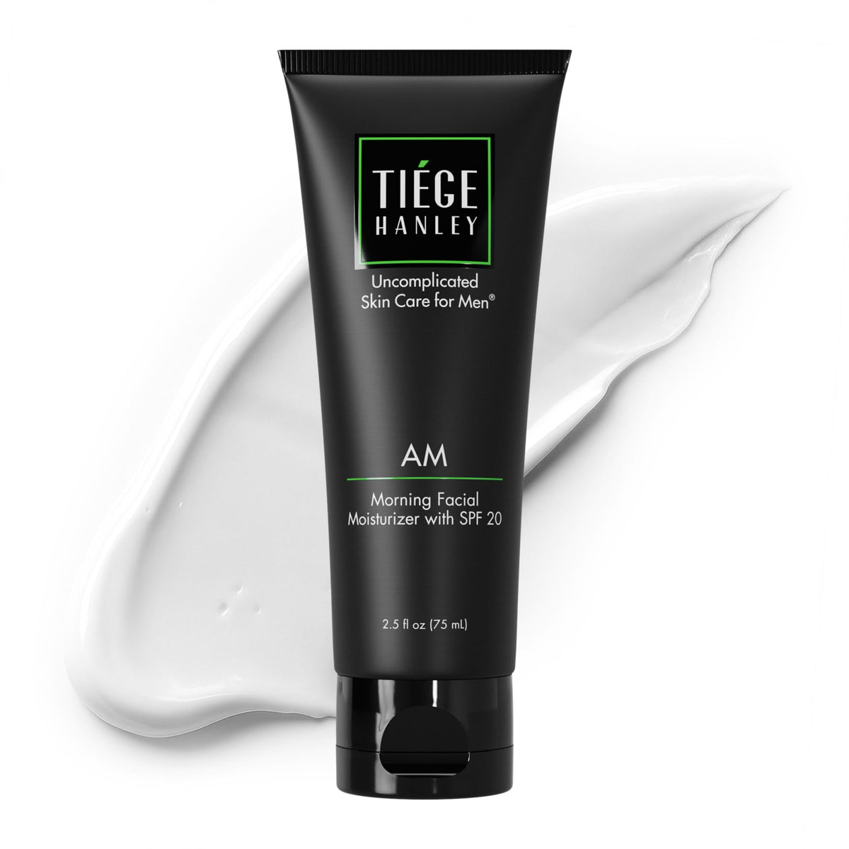 Tiege Hanley front packaging showing AM moisturizer and SPF benefit