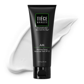 Tiege Hanley front packaging showing AM moisturizer and SPF benefit