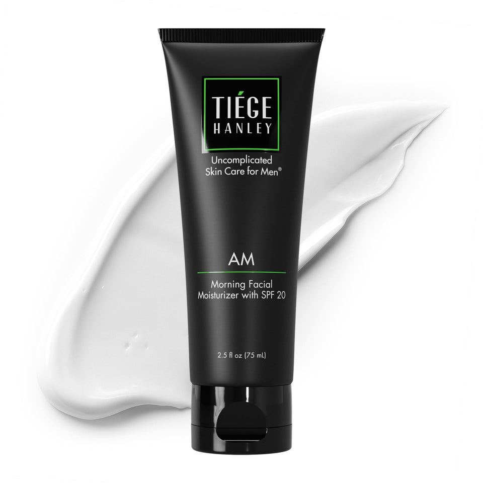 Tiege Hanley front packaging showing AM moisturizer and SPF benefit