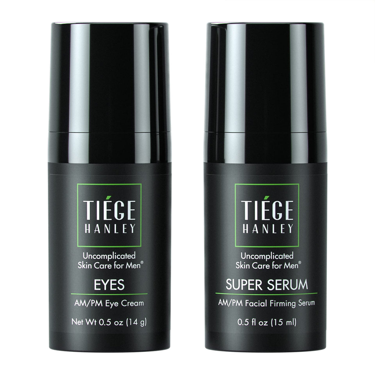 Tiege Hanley front packaging showing both products and clear branding benefit: quick routine