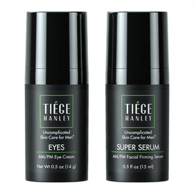 Tiege Hanley front packaging showing both products and clear branding benefit: quick routine