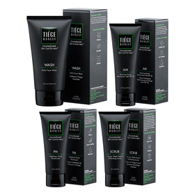 Tiege Hanley front packaging showing full 4-piece large kit and guide for three-month routine