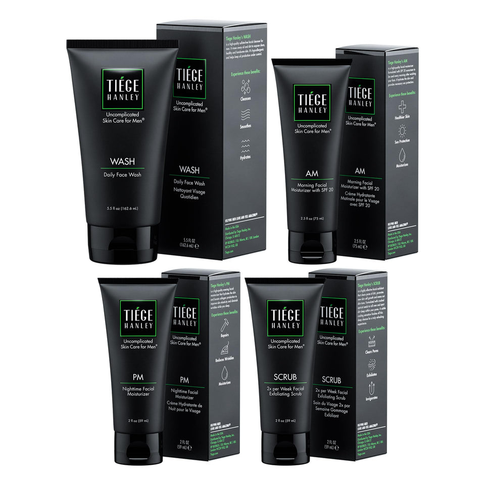 Tiege Hanley front packaging showing full 4-piece large kit and guide for three-month routine