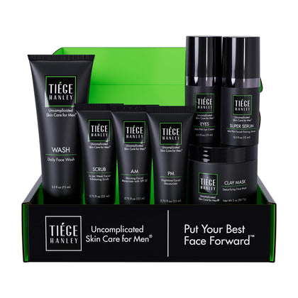 Tiege Hanley front packaging showing full 7-piece kit and contents for an organized routine