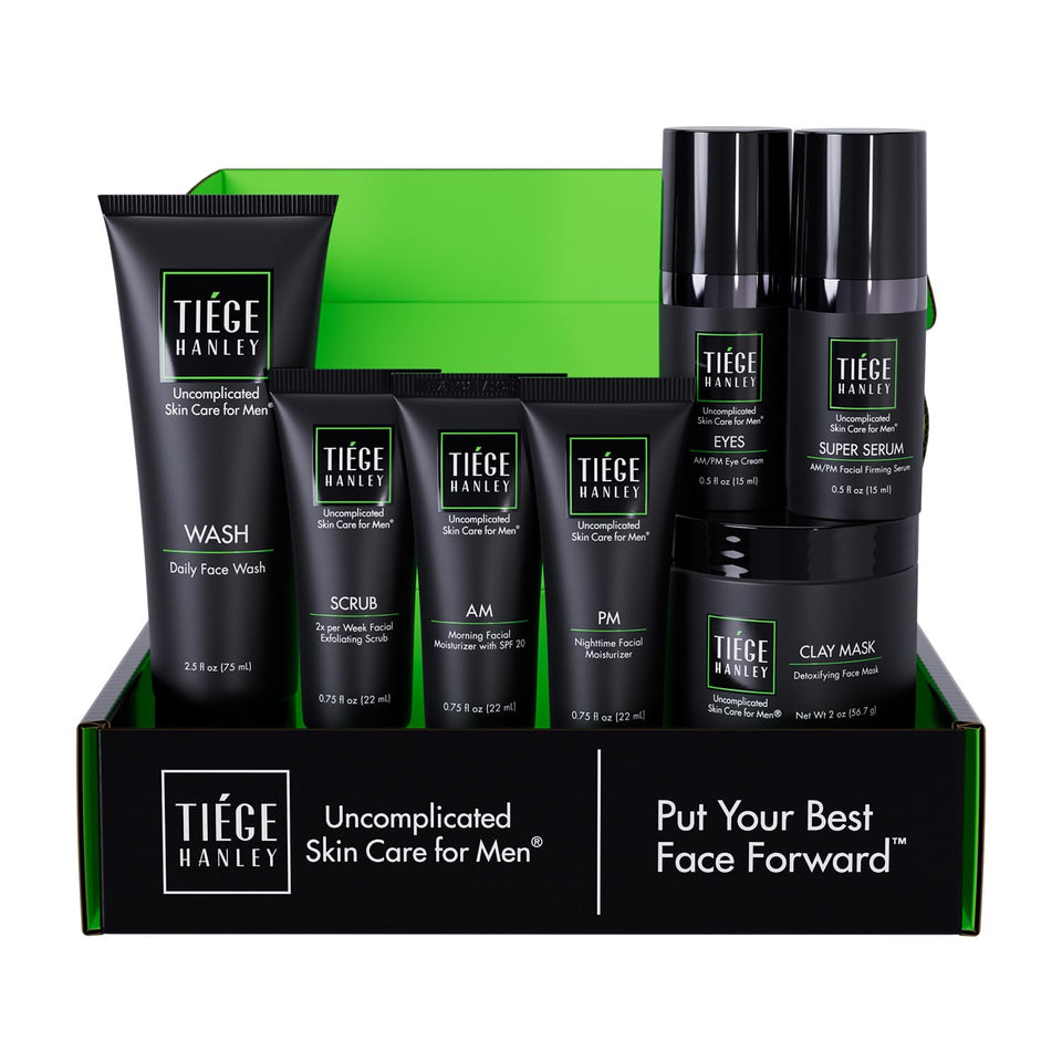 Tiege Hanley front packaging showing full 7-piece kit and contents for an organized routine
