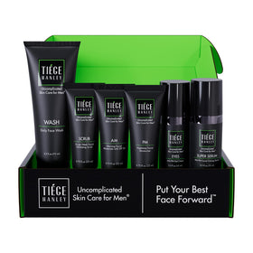 Tiege Hanley front packaging showing all six products and organized kit benefits
