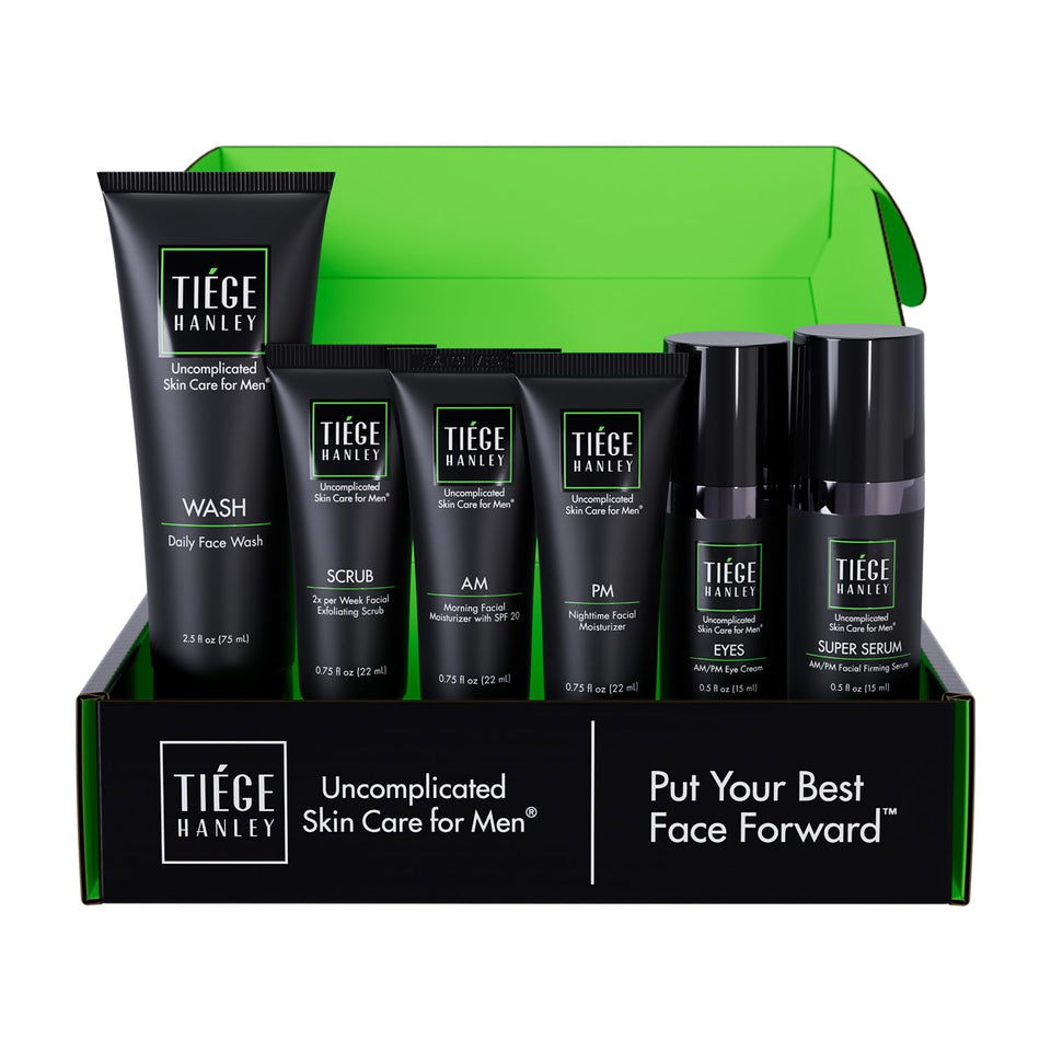 Tiege Hanley front packaging showing all six products and organized kit benefits
