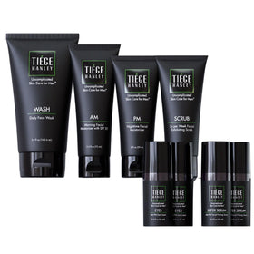 Tiege Hanley front packaging showing full 90 day set and easy routine benefits