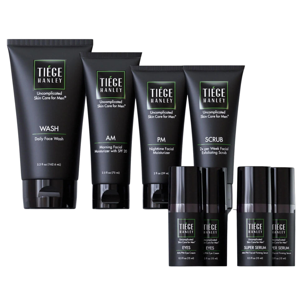 Tiege Hanley front packaging showing full 90 day set and easy routine benefits