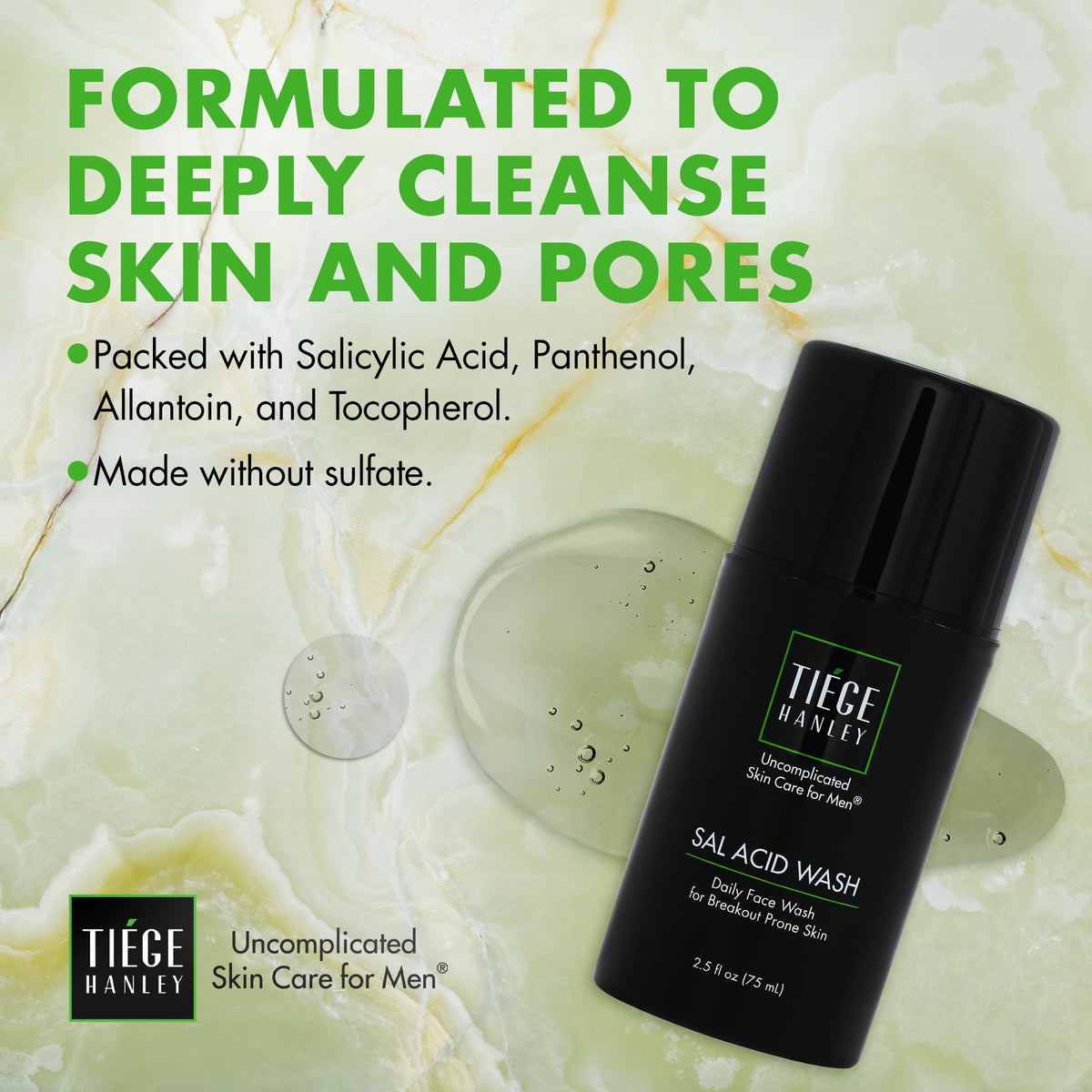 Tiege Hanley cleanser on sink during skincare routine, conveys quick daily use