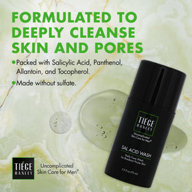 Tiege Hanley cleanser on sink during skincare routine, conveys quick daily use