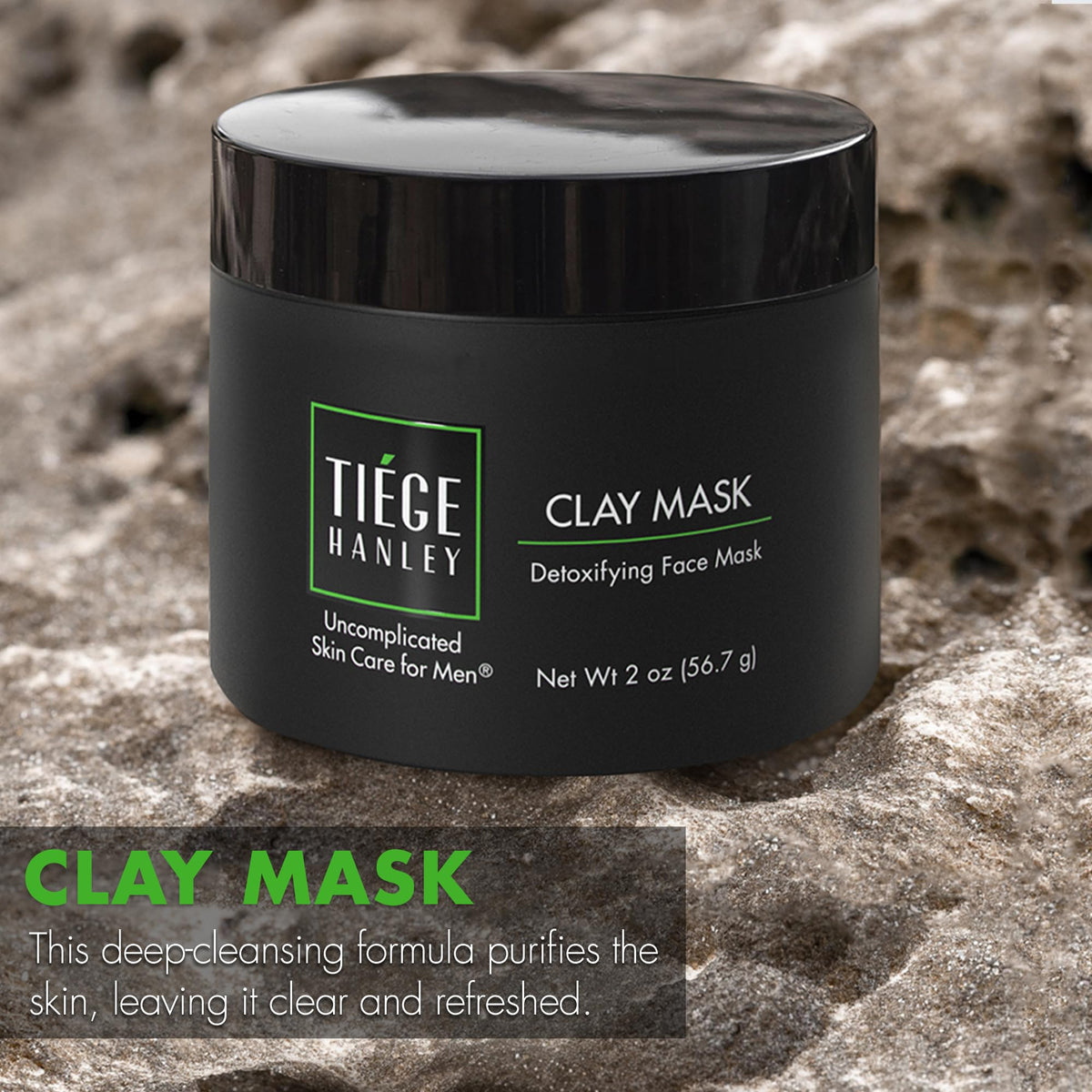 Tiege Hanley charcoal and kaolin clay ingredients staged to show natural cleansing power