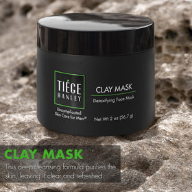 Tiege Hanley charcoal and kaolin clay ingredients staged to show natural cleansing power