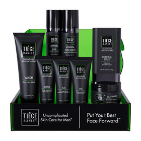 Tiege Hanley front packaging showing full Level 5 kit and benefits