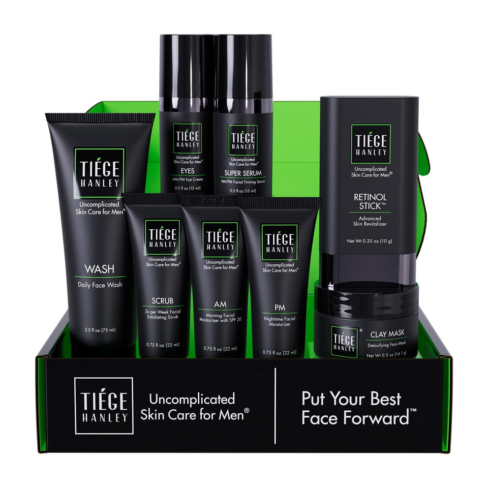 Tiege Hanley front packaging showing full Level 5 kit and benefits