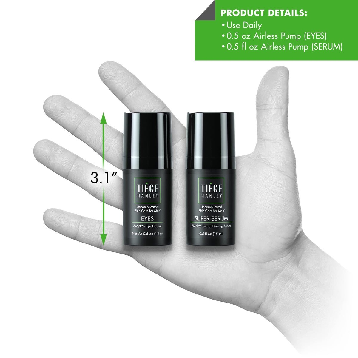 Tiege Hanley set on bathroom shelf lifestyle shot conveying streamlined morning routine benefit