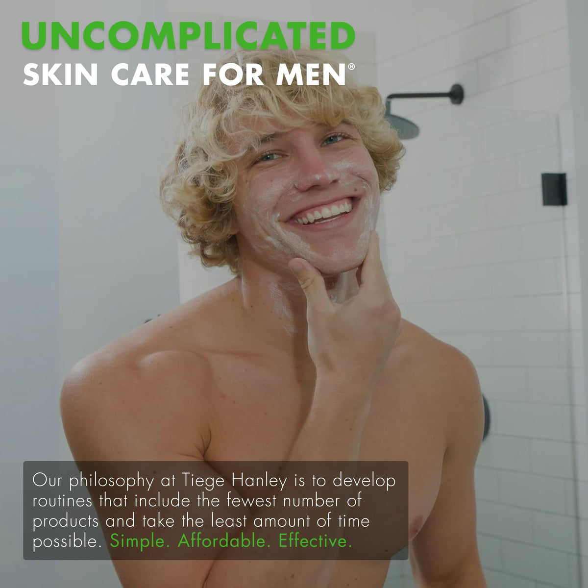 Tiege Hanley after-use clean-shaven face, demonstrates refreshed skin appearance