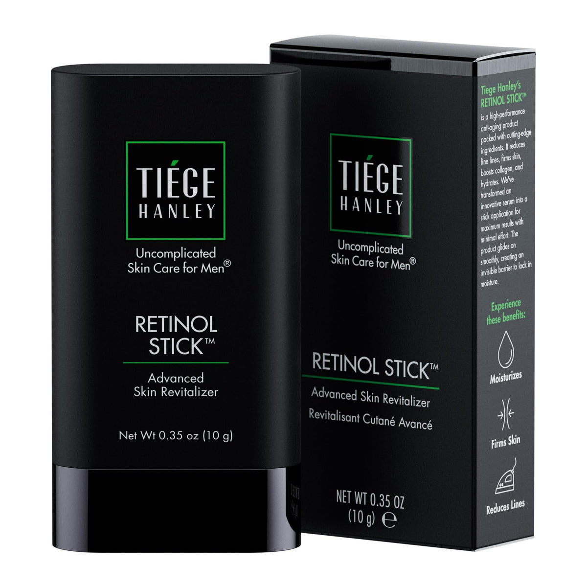 Tiege Hanley retinol stick front packaging showing compact anti-aging design and travel convenience