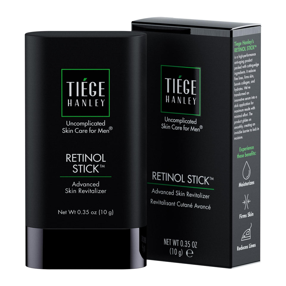 Tiege Hanley retinol stick front packaging showing compact anti-aging design and travel convenience