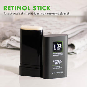 Texture detail of Tiege Hanley retinol stick surface illustrating solid serum format and mess-free use
