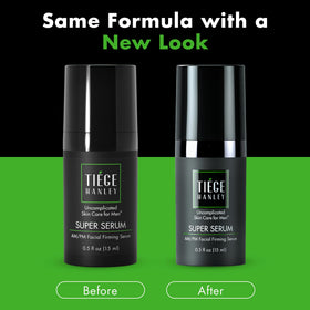 Tiege Hanley bottle next to a ruler illustrating compact 0.5 fl oz travel-friendly benefit