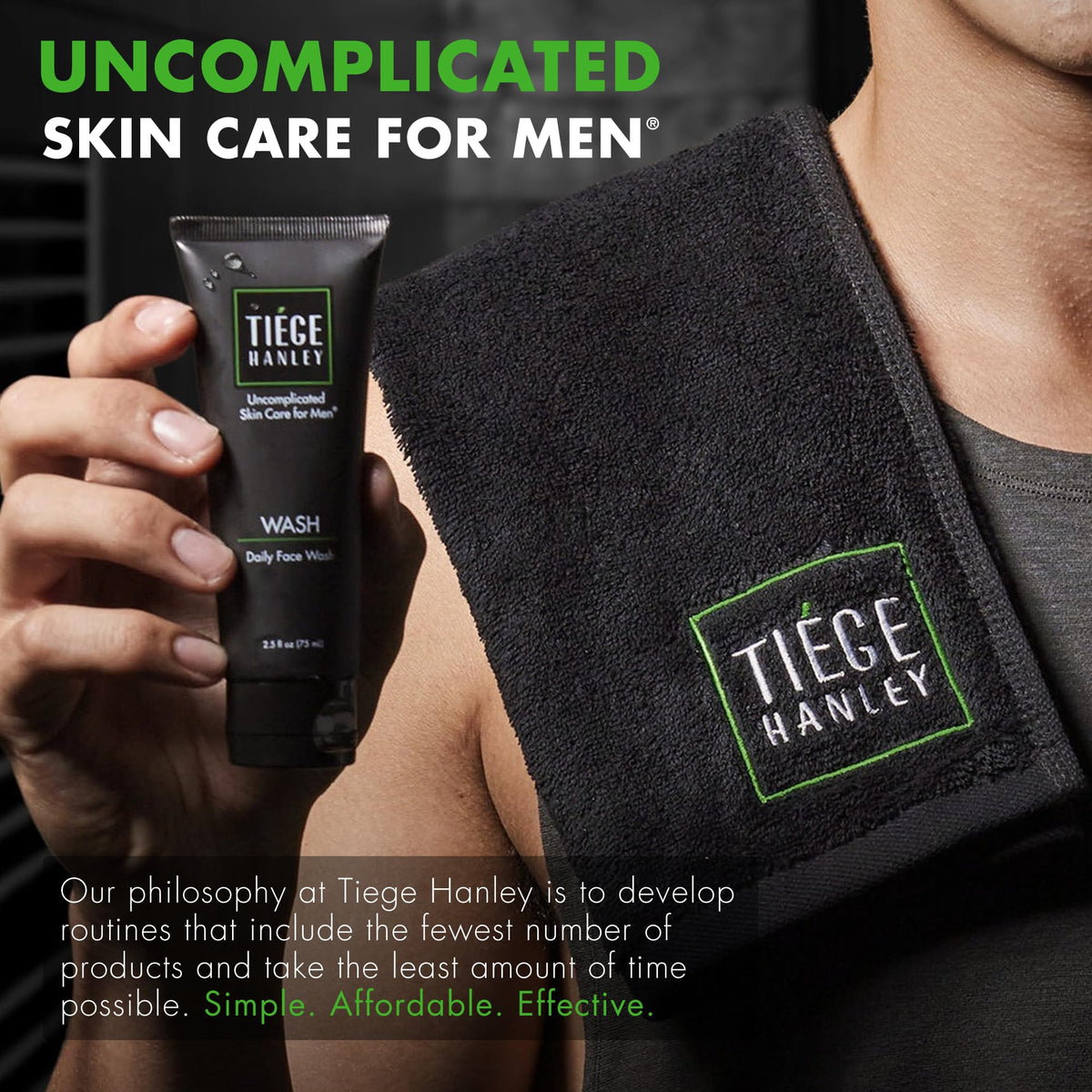 Tiege Hanley 2.5 oz product in hand to show compact travel friendly benefit