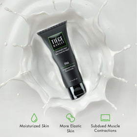 Tiege Hanley next to ruler showing 2.5 fl oz scale and travel-friendly benefit