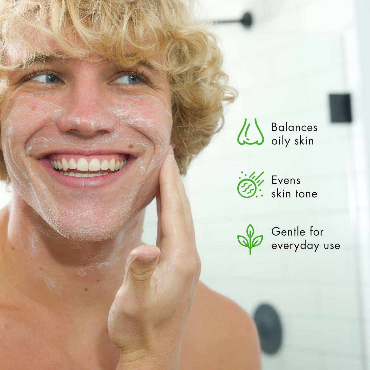 Tiege Hanley three-piece routine staged in a bathroom to show simple daily use benefit