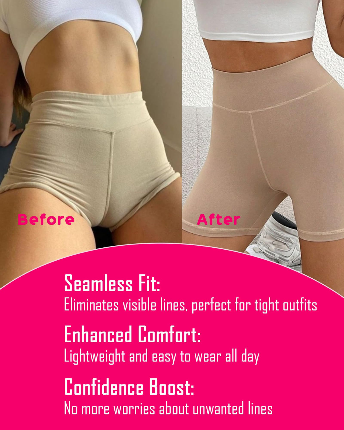 Tifesoo lifestyle image at beach wearing fitted swimwear showing discreet, natural look