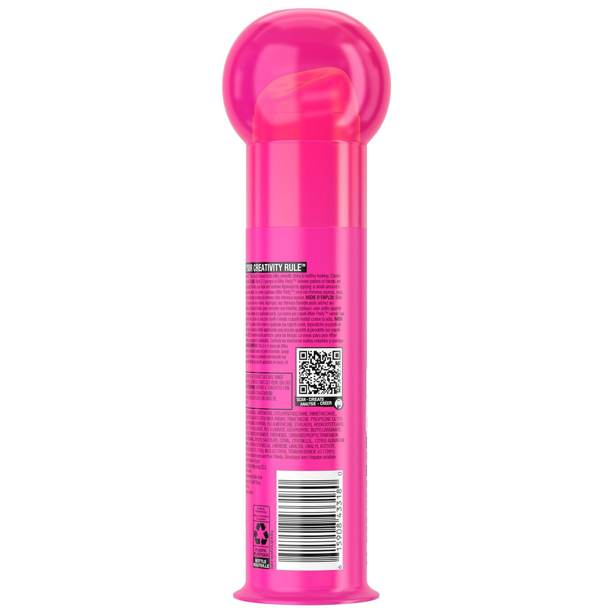 TIGI Bed Head back label with ingredients and clear usage directions benefit