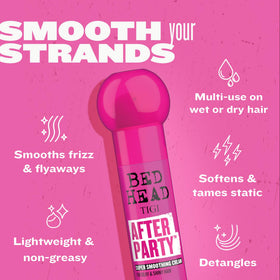 TIGI Bed Head before and after smoothing showing reduced frizz and shine