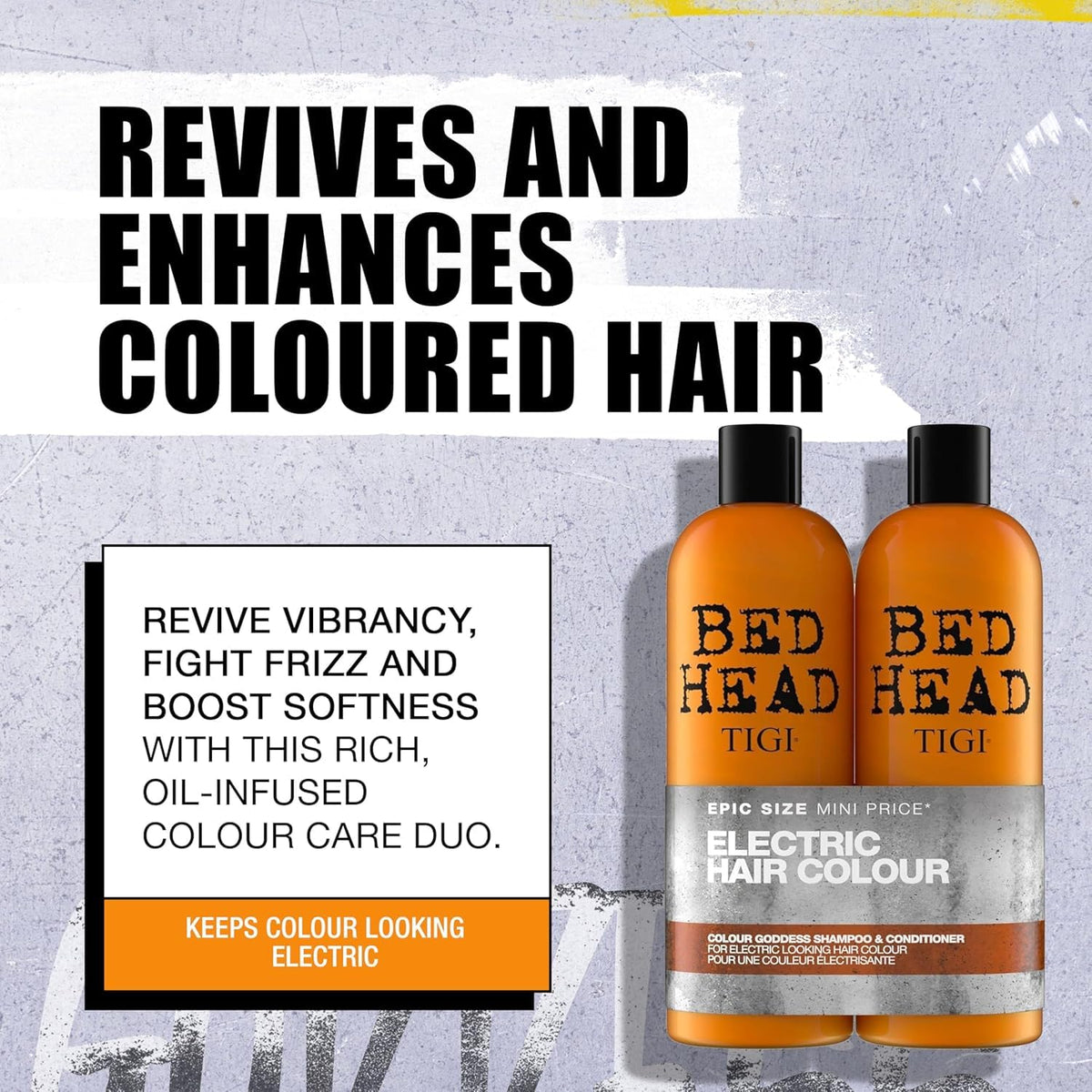 TIGI Bed Head back label highlighting ingredients and usage benefits