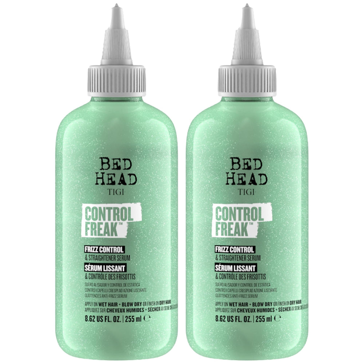 TIGI Bed Head front packaging showing two control freak serum bottles and product size