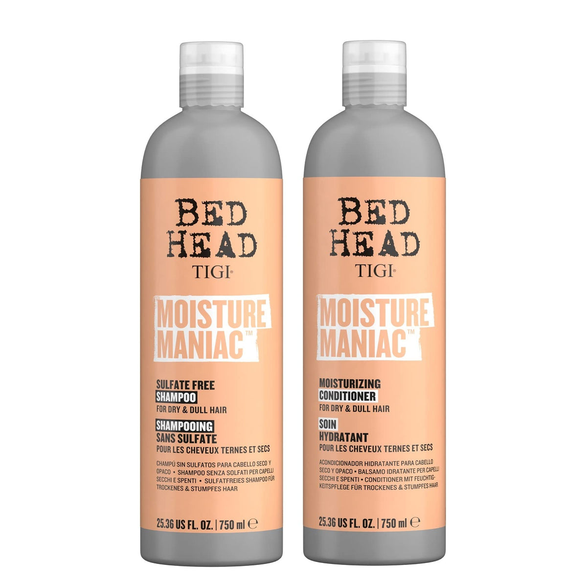 TIGI Bed Head front packaging showing dual 25.36 fl oz bottles and benefits