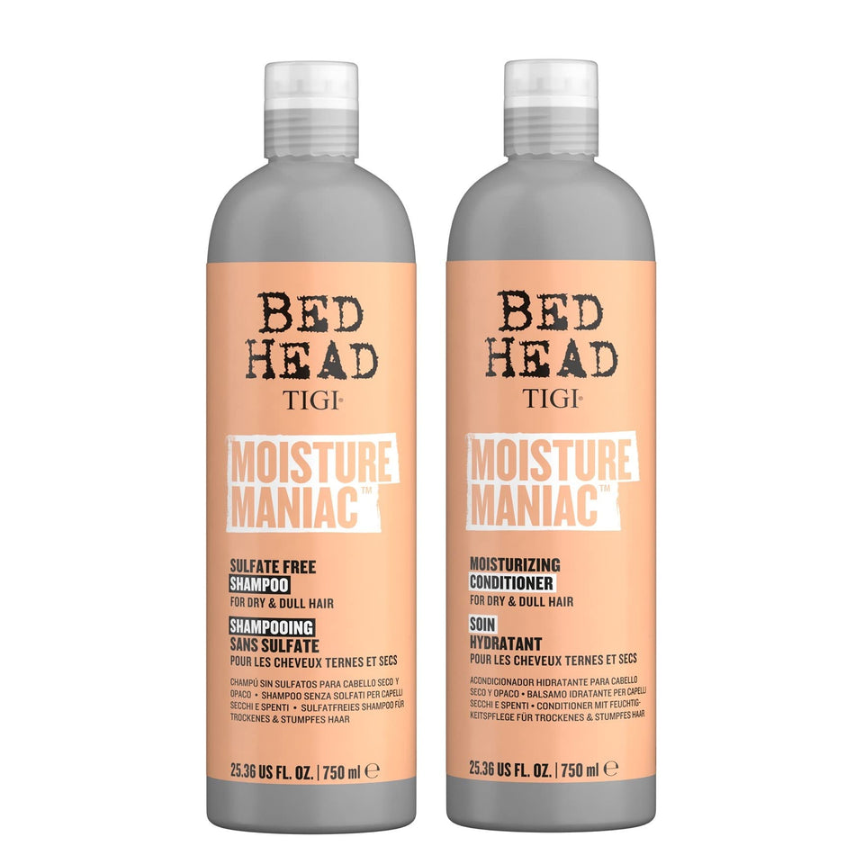 TIGI Bed Head front packaging showing dual 25.36 fl oz bottles and benefits