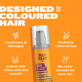 TIGI Bed Head spray applied to hair showing smoother texture and instant shine benefit