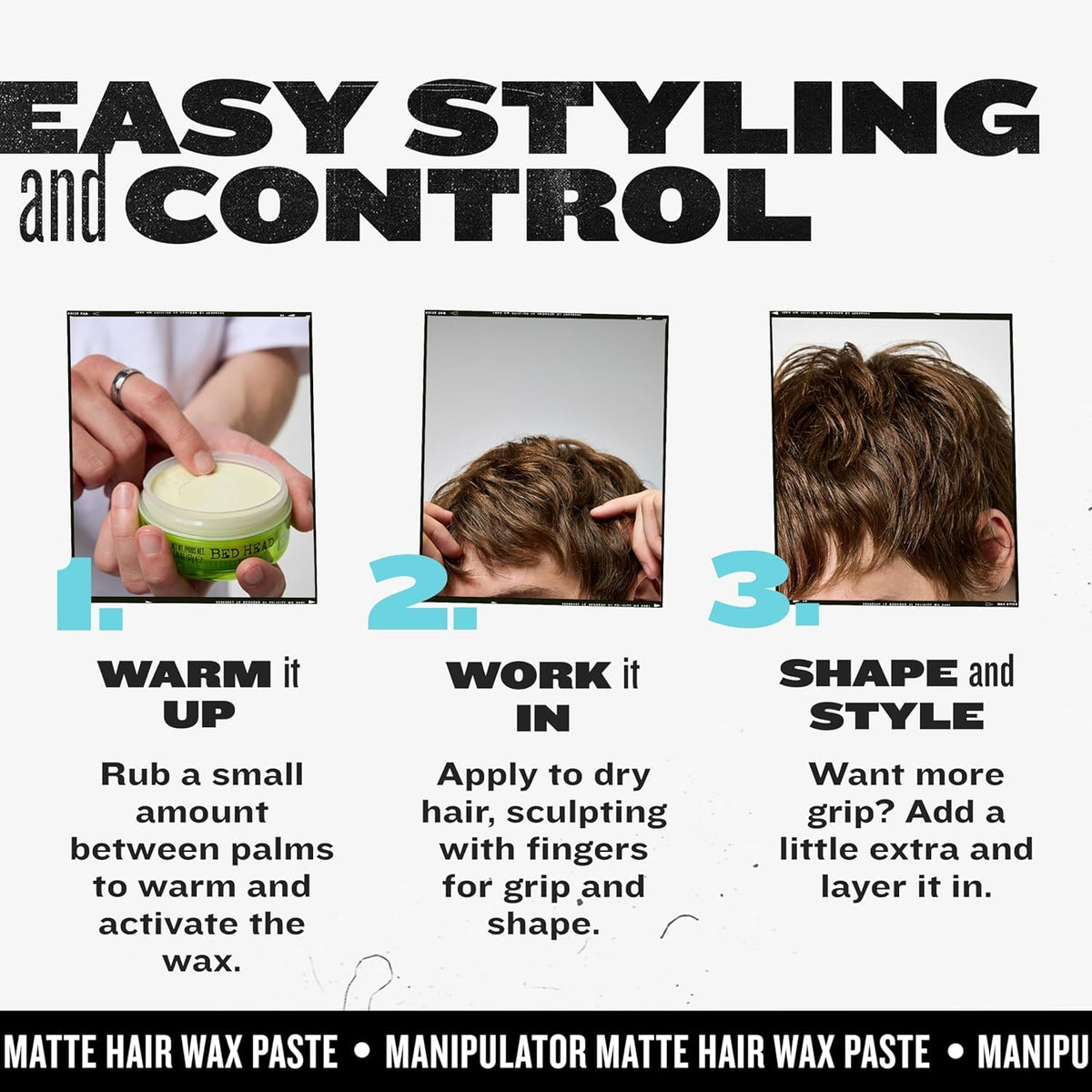 TIGI Bed Head styled short hair showing textured spiky hold and natural matte look